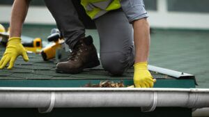 Hewatt technician clearing roof and gutter debris